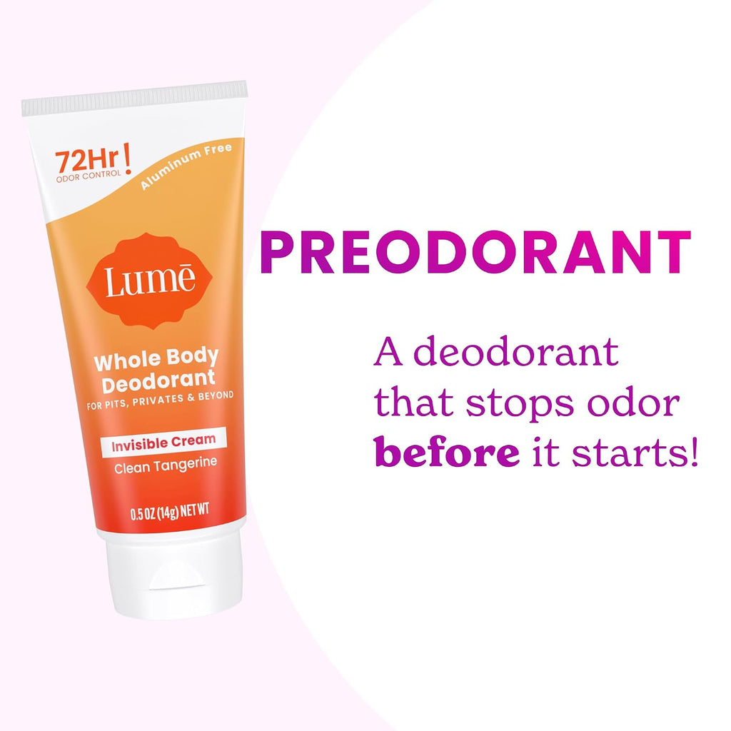 Lume Whole Body Deodorant - Mini Travel Size Invisible Cream Tube - Trial Size - 72 Hour Odor Control - Doctor Developed - Aluminum Free. Baking Soda Free - .5oz (Pack of 2) (Clean Tangerine)