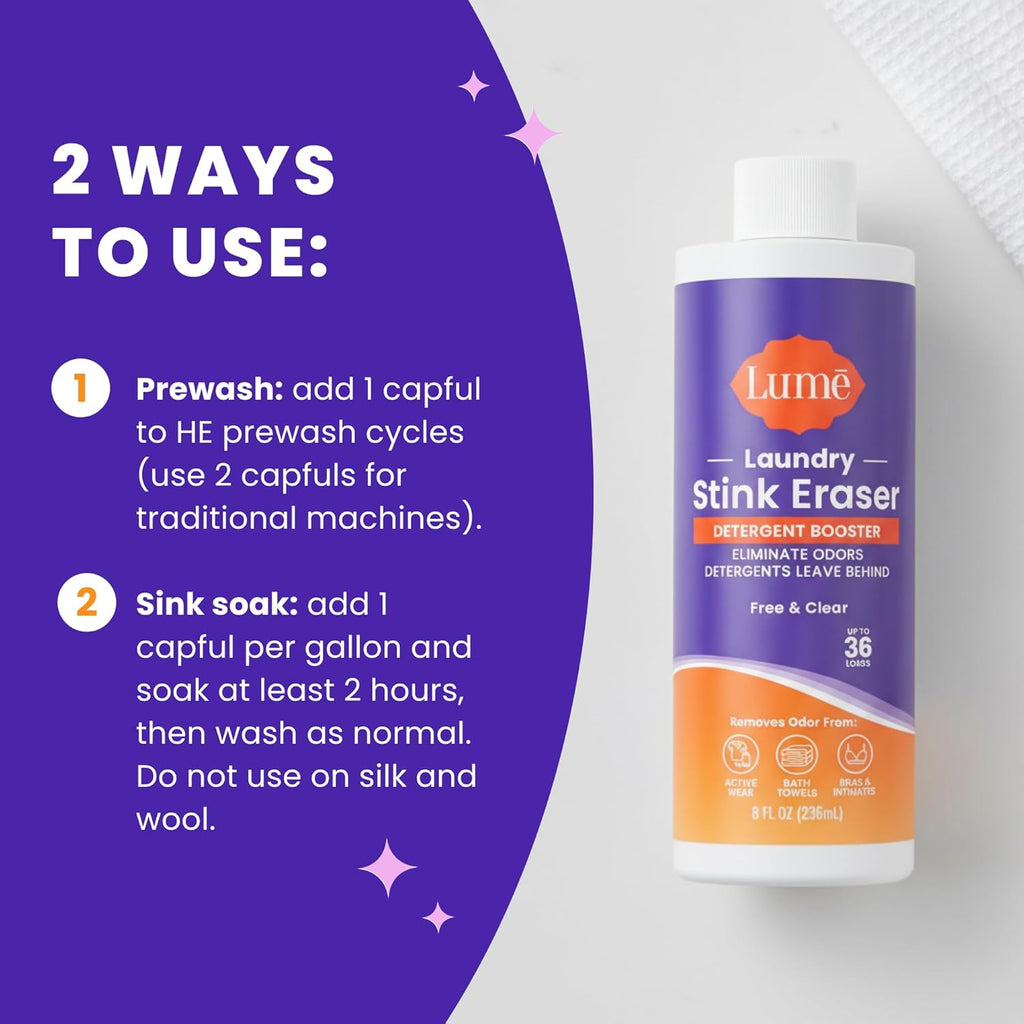 Lume Clothing Odor & Stain Remover – Laundry Booster & Soak – Removes Body Odor from Clothes – Powerful Odor-Eliminating Enzyme Formula Boosts Detergent Performance – Fragrance-Free & Dye-Free – 8 fl oz (Pack of 2)