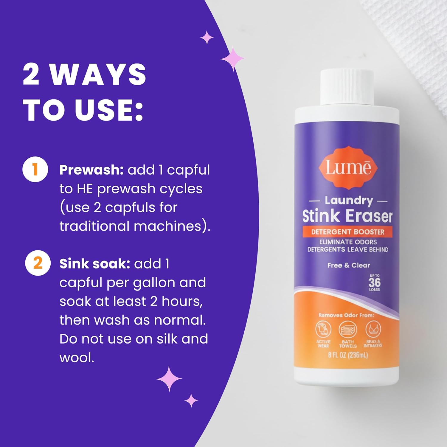 Lume Clothing Odor & Stain Remover – Laundry Booster & Soak – Removes Body Odor from Clothes – Powerful Odor-Eliminating Enzyme Formula Boosts Detergent Performance – Fragrance-Free & Dye-Free – 8 fl oz (Pack of 2)
