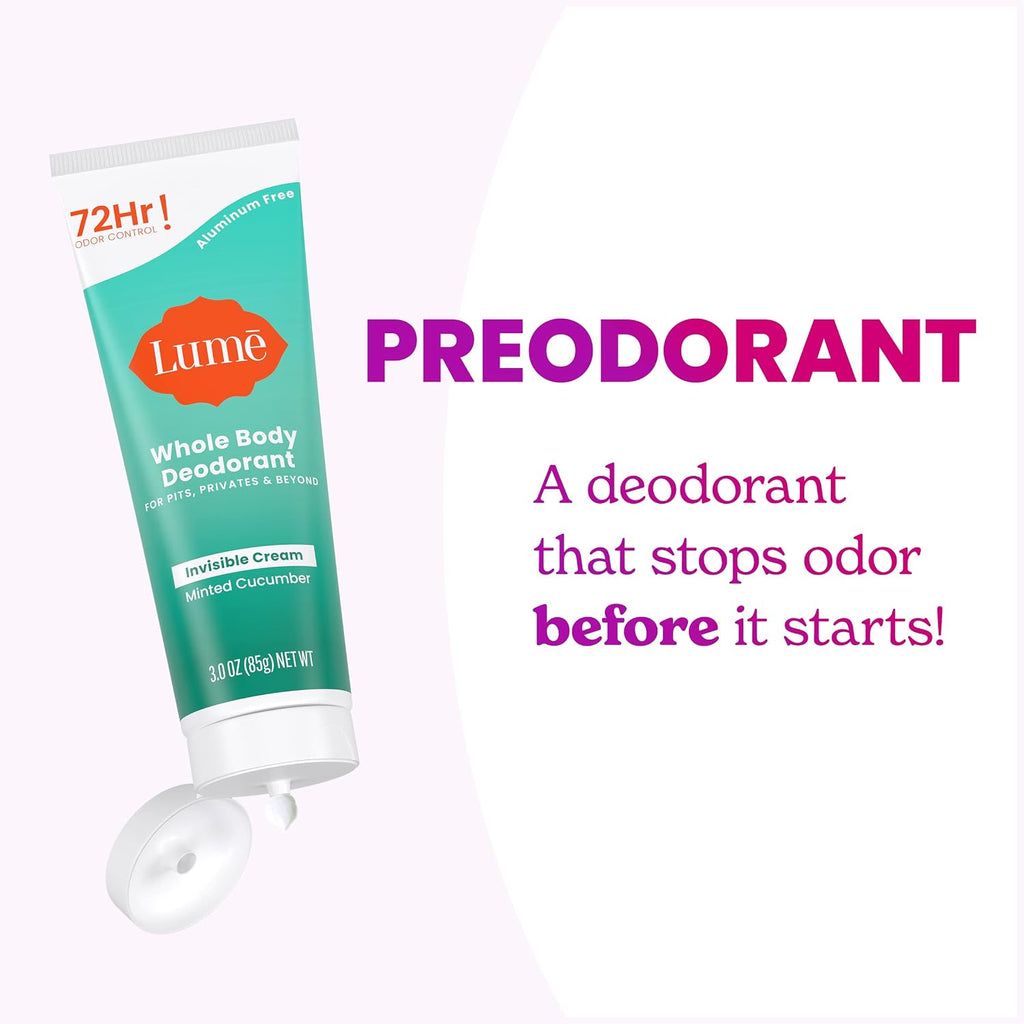 Lume Whole Body Deodorant - Invisible Cream Tube - 72 Hour Odor Control - Aluminum Free. Baking Soda Free. Skin Safe - 3.0 ounce (Minted Cucumber)