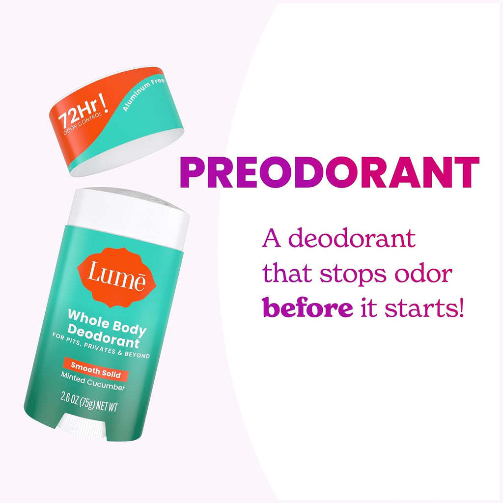 Lume Whole Body Deodorant - Smooth Solid Stick - 72 Hour Odor Control - Aluminum Free. Baking Soda Free and Skin Loving - 2.6 Ounce (Pack of 3) (Minted Cucumber)