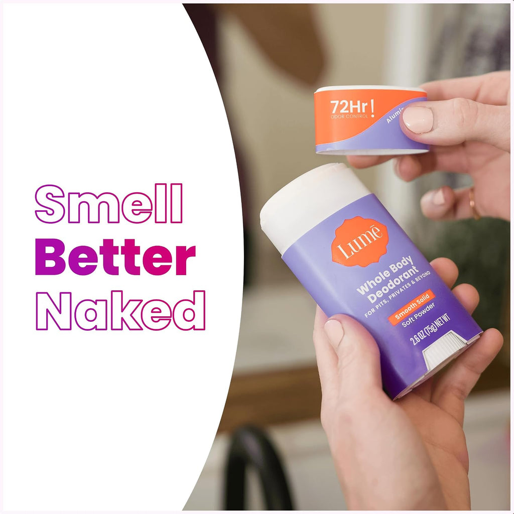 Lume Whole Body Deodorant - Smooth Solid Stick - 72 Hour Odor Control - Aluminum Free. Baking Soda Free and Skin Loving - 2.6 Ounce (Pack of 3) (Soft Powder)