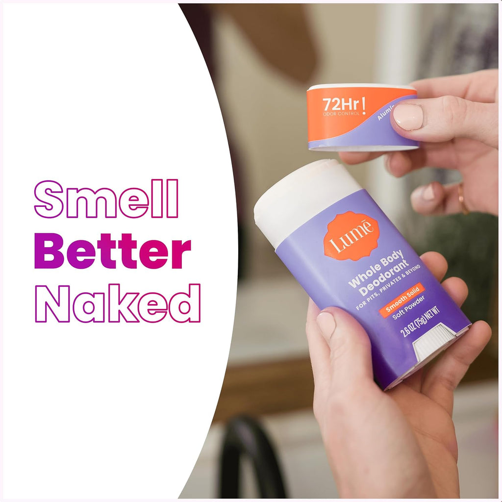 Lume Whole Body Deodorant - Smooth Solid Stick - 72 Hour Odor Control - Aluminum Free. Baking Soda Free and Skin Safe - 2.6 Ounce (Pack of 2) (Soft Powder)