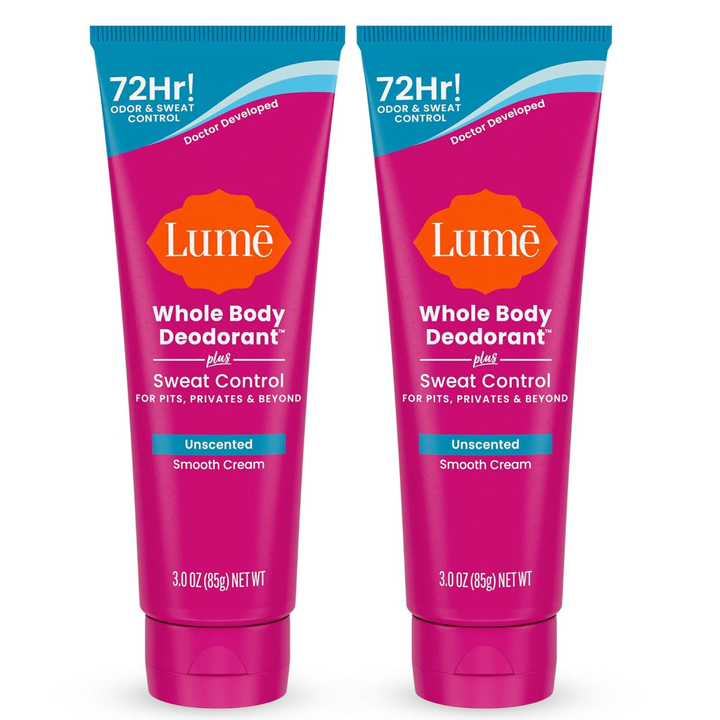 Lume Whole Body Deodorant Plus Sweat Control - Smooth Cream Tube - 72 Hour Odor And Sweat Control - Baking Soda Free. Skin Loving - 3.0 ounce (Pack of 2) (Unscented)