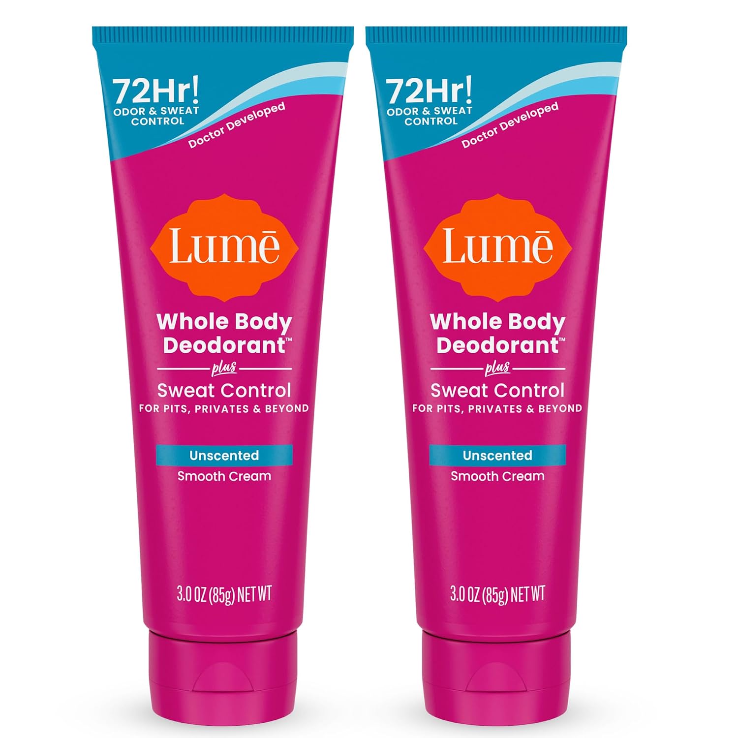 Lume Whole Body Deodorant Plus Sweat Control - Smooth Cream Tube - 72 Hour Odor And Sweat Control - Baking Soda Free. Skin Loving - 3.0 ounce (Pack of 2) (Unscented)