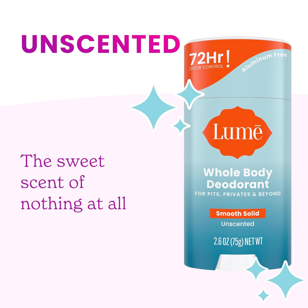 Lume Whole Body Deodorant - Smooth Solid Stick - 72 Hour Odor Control - Aluminum Free. Baking Soda Free and Skin Safe - 2.6 Ounce (Pack of 2) (Unscented)