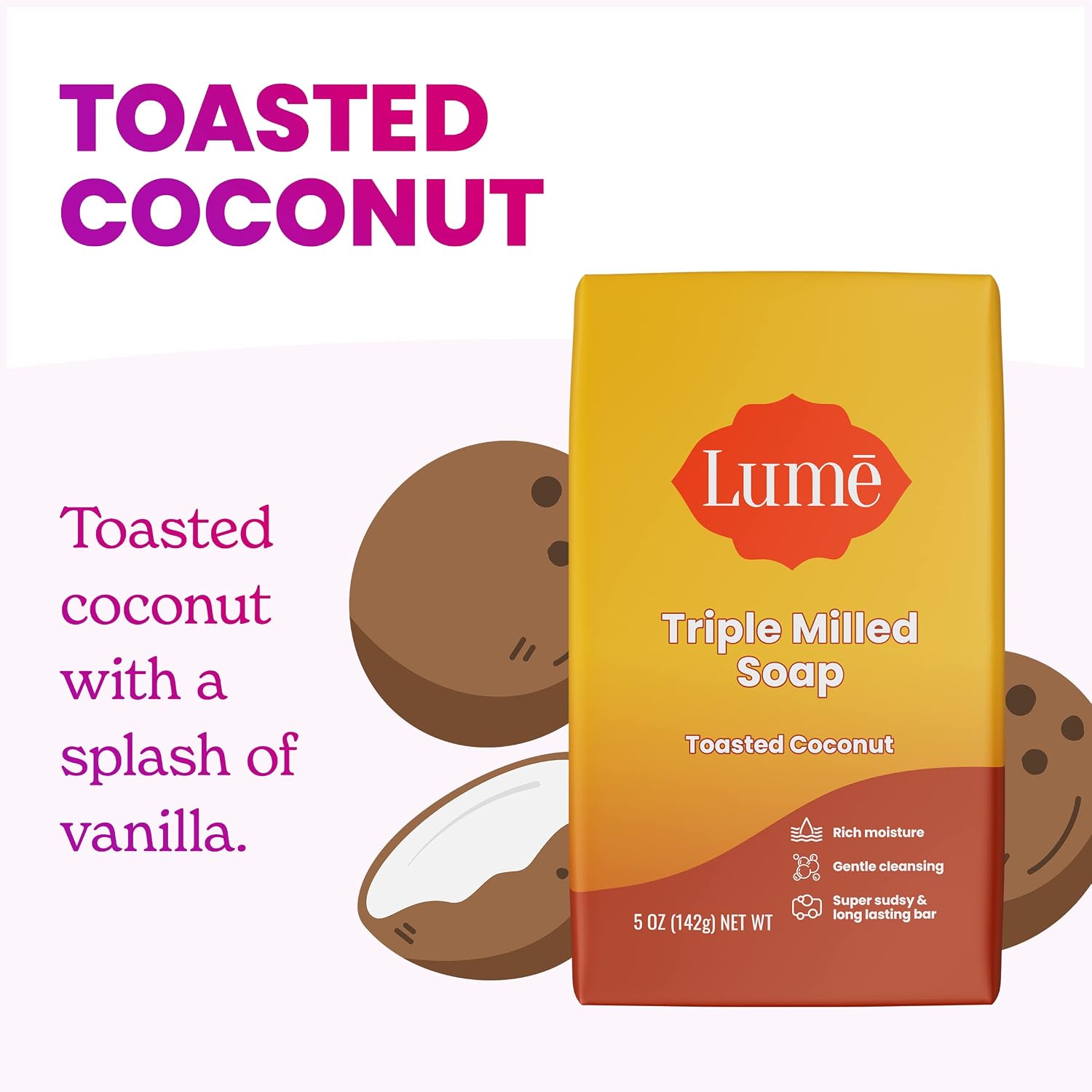 Lume Triple Milled Bar Soap - Rich Moisture & Gentle Cleansing - Paraben Free. Phthalate Free. Skin Safe - 5 ounce (Pack of 4) (Toasted Coconut)