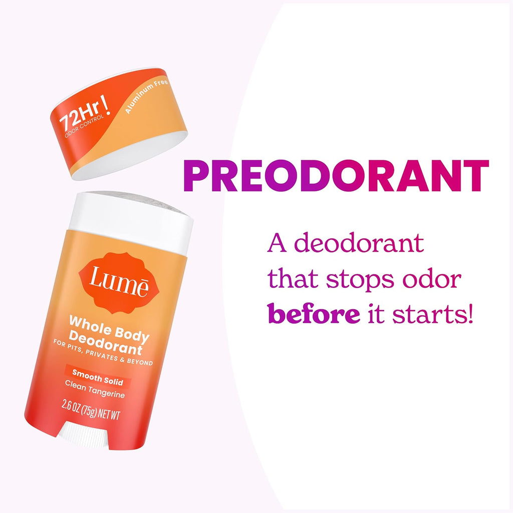 Lume Whole Body Deodorant - Smooth Solid Stick - 72 Hour Odor Control - Aluminum Free. Baking Soda Free and Skin Safe - 2.6 Ounce (Pack of 2) (Clean Tangerine)