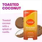 Lume Whole Body Deodorant - Smooth Solid Stick - 72 Hour Odor Control - Aluminum Free. Baking Soda Free and Skin Safe - 2.6 Ounce (Pack of 2) (Toasted Coconut)
