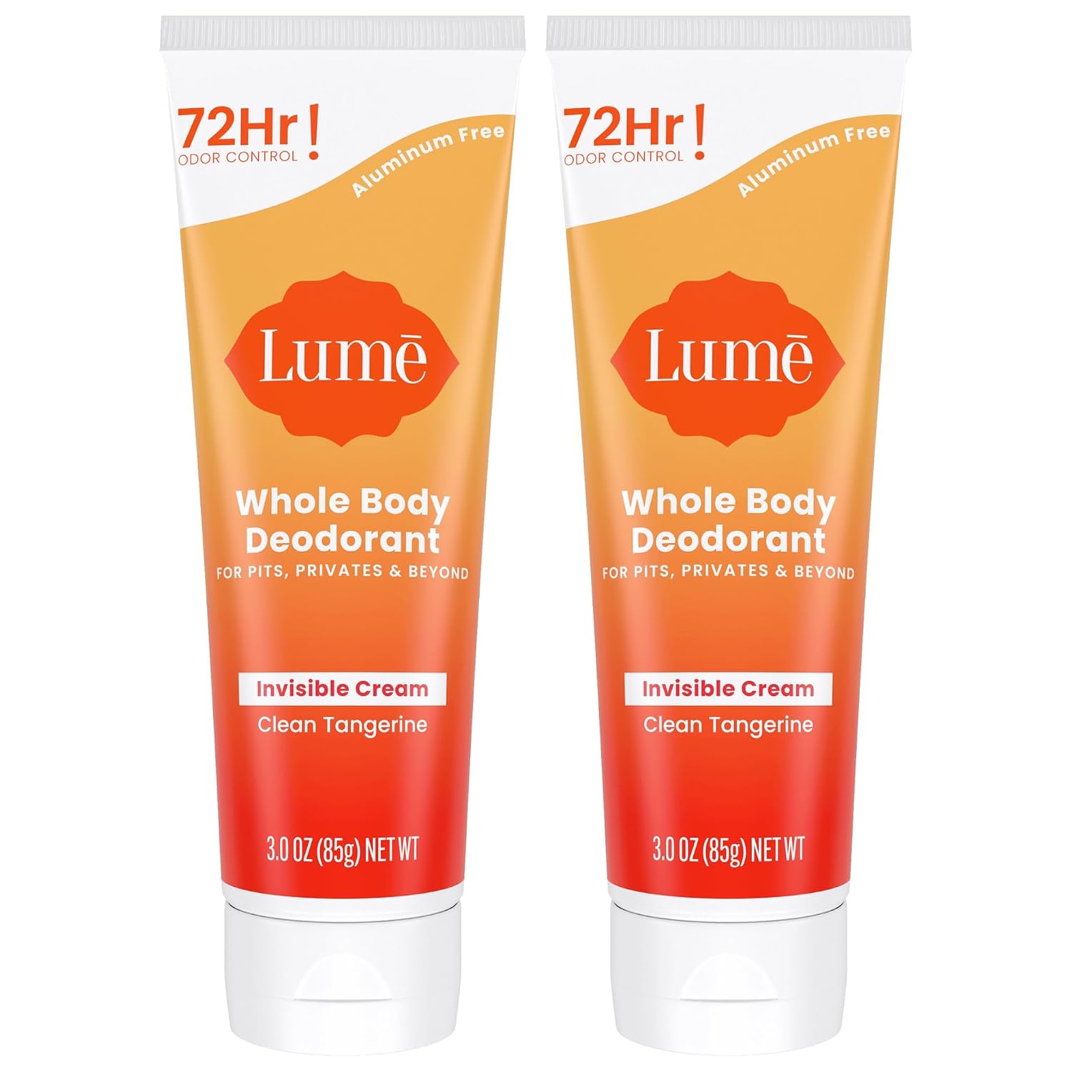 Lume Whole Body Deodorant - Invisible Cream Tube - 72 Hour Odor Control - Aluminum Free. Baking Soda Free. Skin Safe - 3.0 ounce (Pack of 2) (Clean Tangerine)