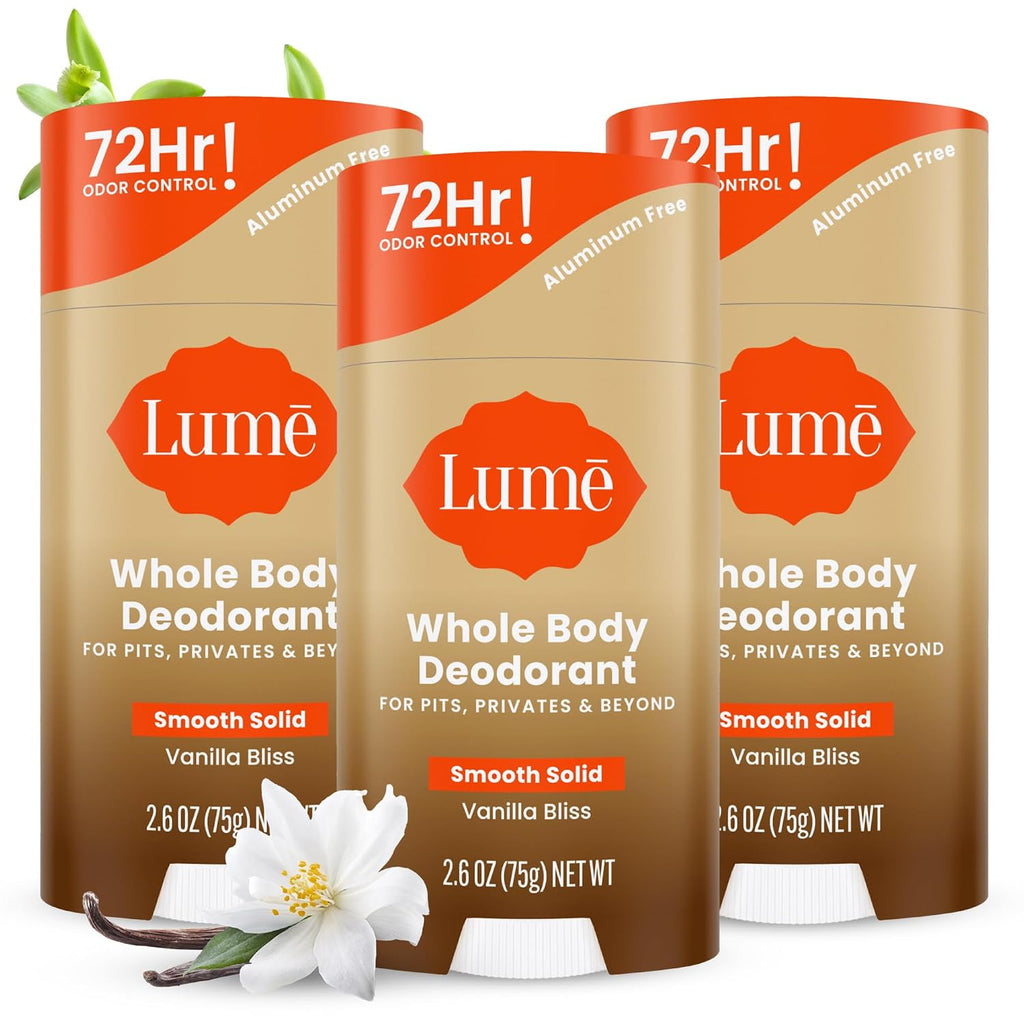 Lume Whole Body Deodorant - Smooth Solid Stick - 72 Hour Odor Control - Doctor Developed - Aluminum Free. Baking Soda Free and Skin Loving - 2.6 Ounce (Pack of 3) (Vanilla Bliss)