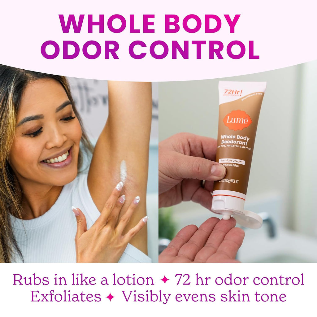 Lume Whole Body Deodorant - Invisible Cream Tube - 72 Hour Odor Control - Doctor Developed - Aluminum Free. Baking Soda Free and Skin Loving - 3.0 Ounce (Vanilla Bliss)