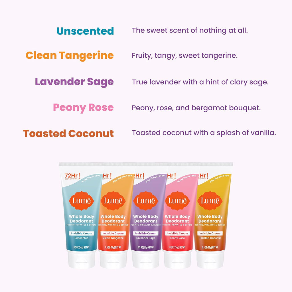 Lume Whole Body Deodorant 5 Pack Sampler - Invisible Cream Minis - 72 Hour Odor Control - Aluminum & Baking Soda Free (Clean Tangerine. Lavender Sage. Peony Rose. Toasted Coconut. Unscented)