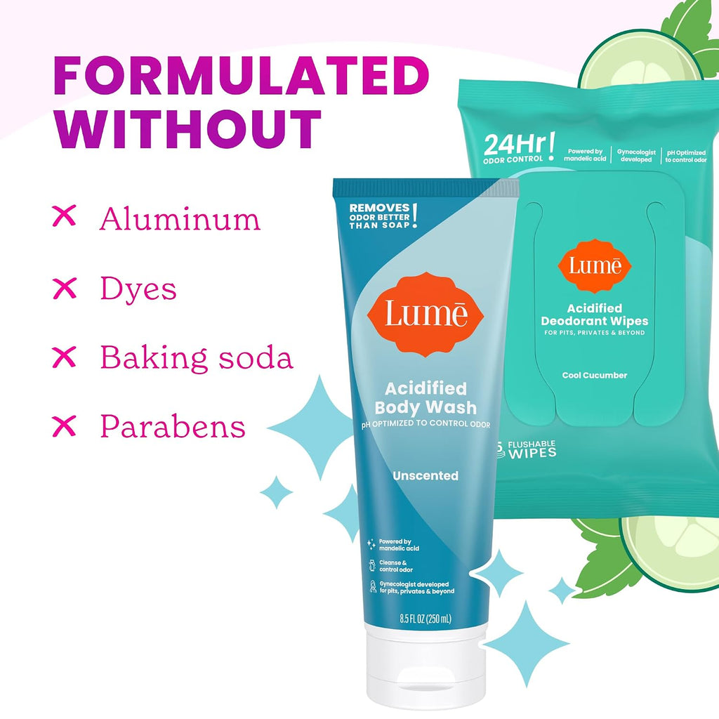 Lume Acidified Body Wash & Flushable Deodorant Wipes - 24 Hour Odor Control - Hydrating Wash