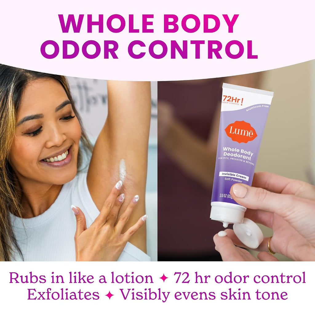 Lume Whole Body Deodorant - Invisible Cream Tube - 72 Hour Odor Control - Aluminum Free. Baking Soda Free. Skin Safe - 3.0 ounce (Pack of 2) (Soft Powder)