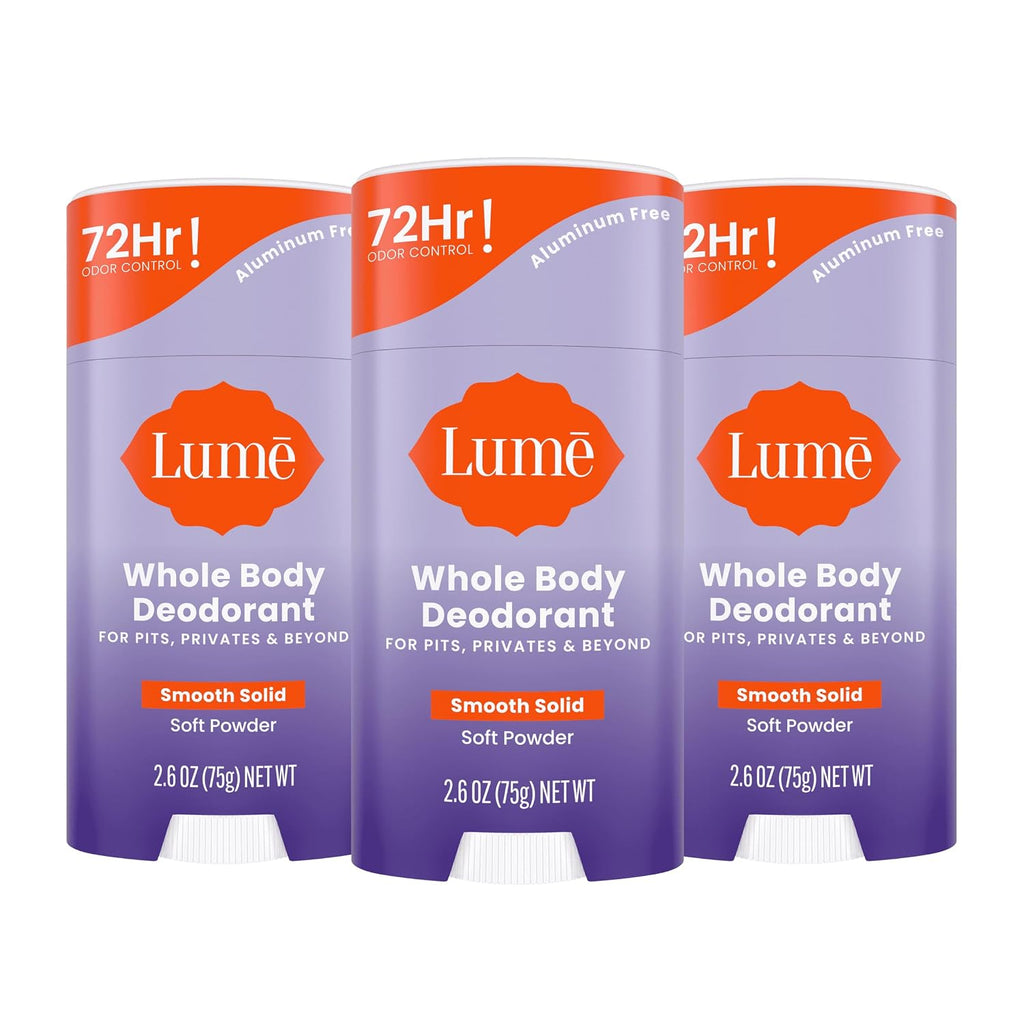 Lume Whole Body Deodorant - Smooth Solid Stick - 72 Hour Odor Control - Aluminum Free. Baking Soda Free and Skin Loving - 2.6 Ounce (Pack of 3) (Soft Powder)