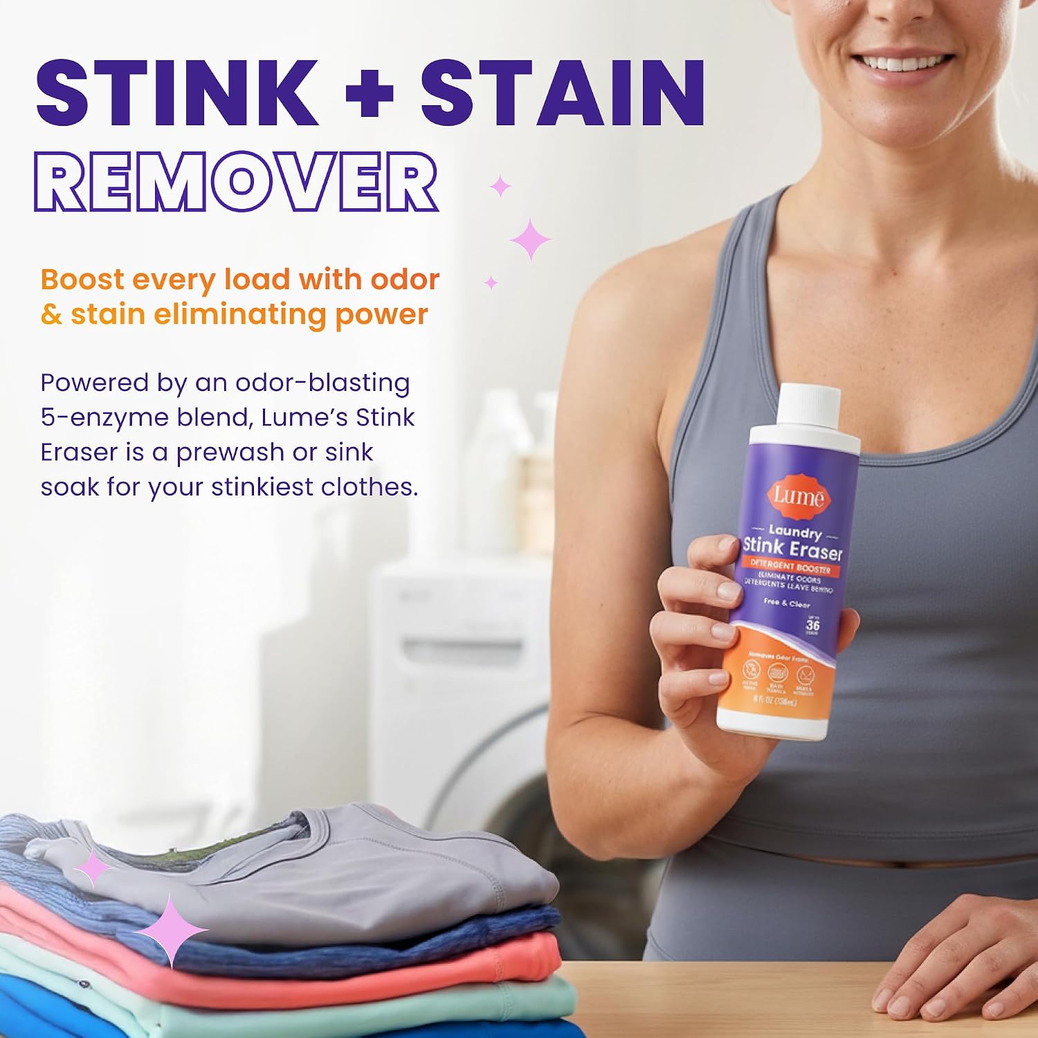 Lume Clothing Odor & Stain Remover – Laundry Booster & Soak – Removes Body Odor from Clothes – Powerful Odor-Eliminating Enzyme Formula Boosts Detergent Performance – Fragrance-Free & Dye-Free – 8 fl oz (Pack of 2)