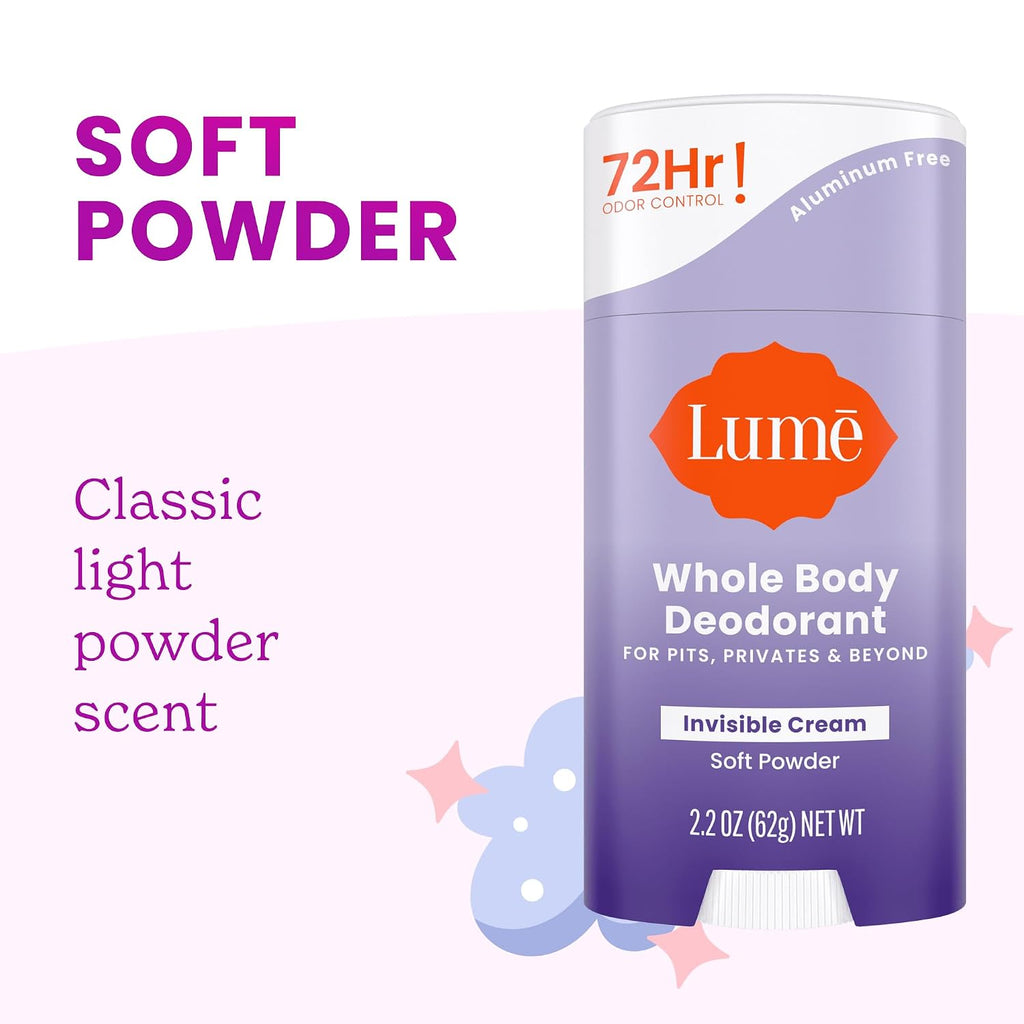 Lume Whole Body Deodorant - Invisible Cream Stick - 72 Hour Odor Control - Doctor Developed - Aluminum Free. Baking Soda Free and Skin Loving - 2.2 Ounce (2 pack) (Soft Powder & Clean Tangerine)