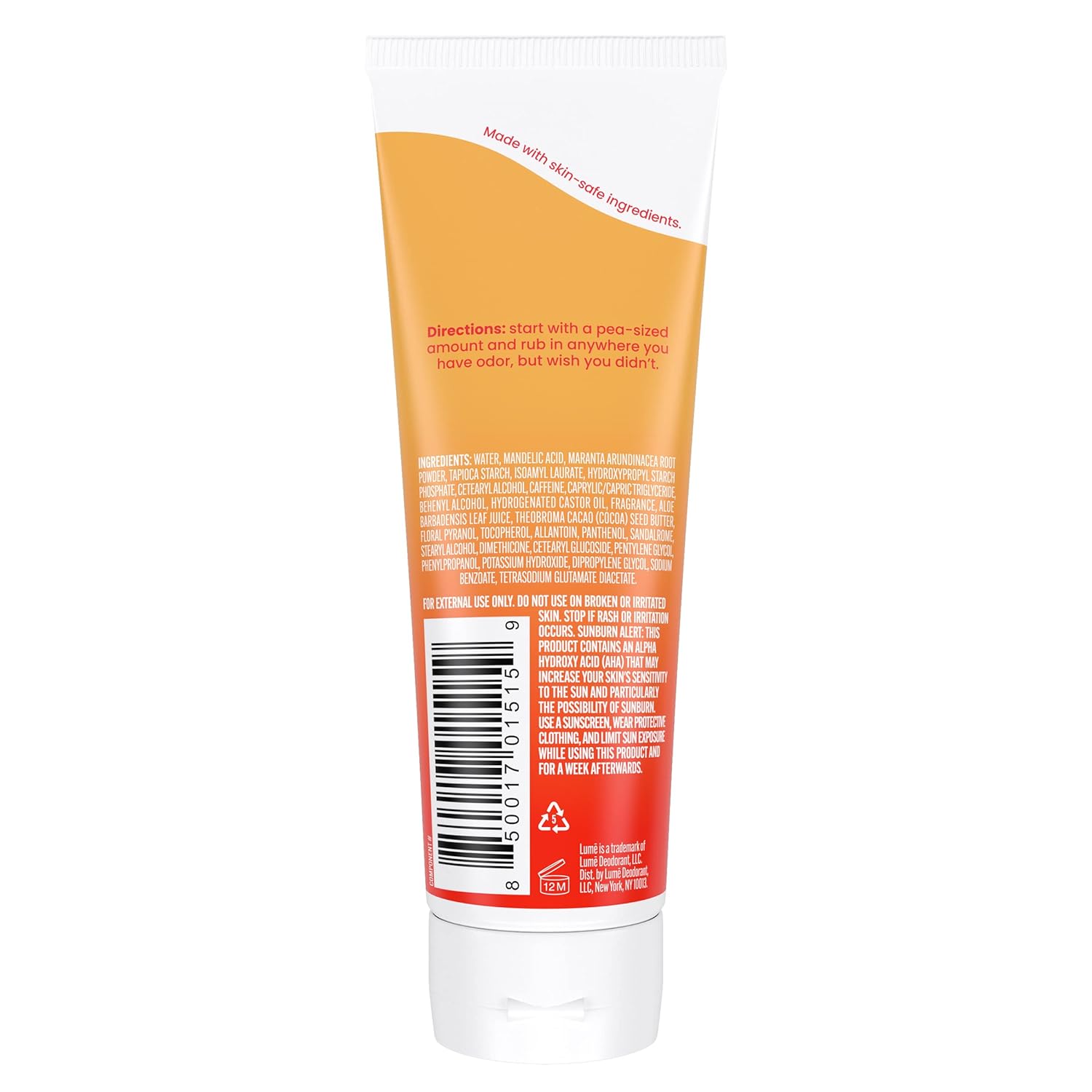 Lume Whole Body Deodorant - Invisible Cream Tube - 72 Hour Odor Control - Aluminum Free. Baking Soda Free. Skin Safe - 3.0 ounce (Clean Tangerine)