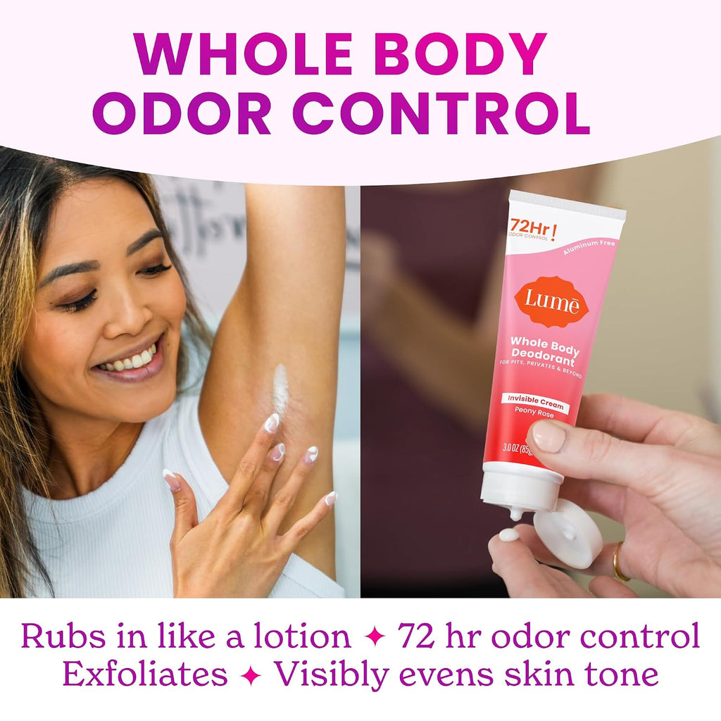 Lume Whole Body Deodorant - Invisible Cream Tube - 72 Hour Odor Control - Aluminum Free. Baking Soda Free. Skin Safe - 3.0 ounce (Pack of 2) (Peony Rose)