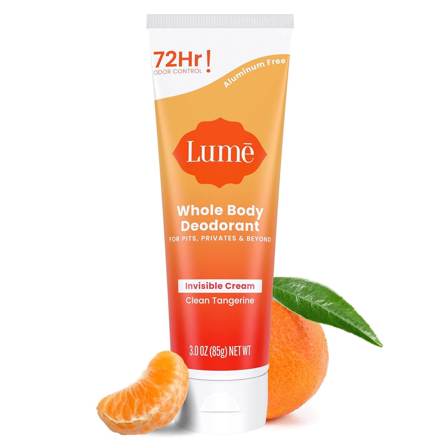 Lume Whole Body Deodorant - Invisible Cream Tube - 72 Hour Odor Control - Aluminum Free. Baking Soda Free. Skin Safe - 3.0 ounce (Clean Tangerine)