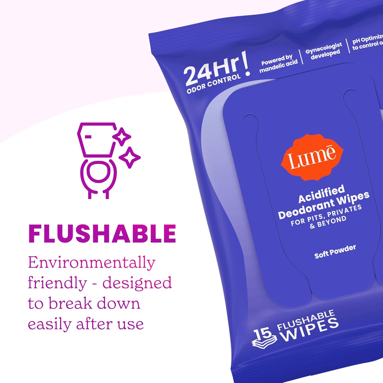 Lume Acidified Deodorant Wipes - 24 Hour Odor Control - Whole Body Deodorant Wipes - Aluminum Free. Baking Soda Free. Skin Loving - Flushable - 15 Count - 3 Pack (Soft Powder)