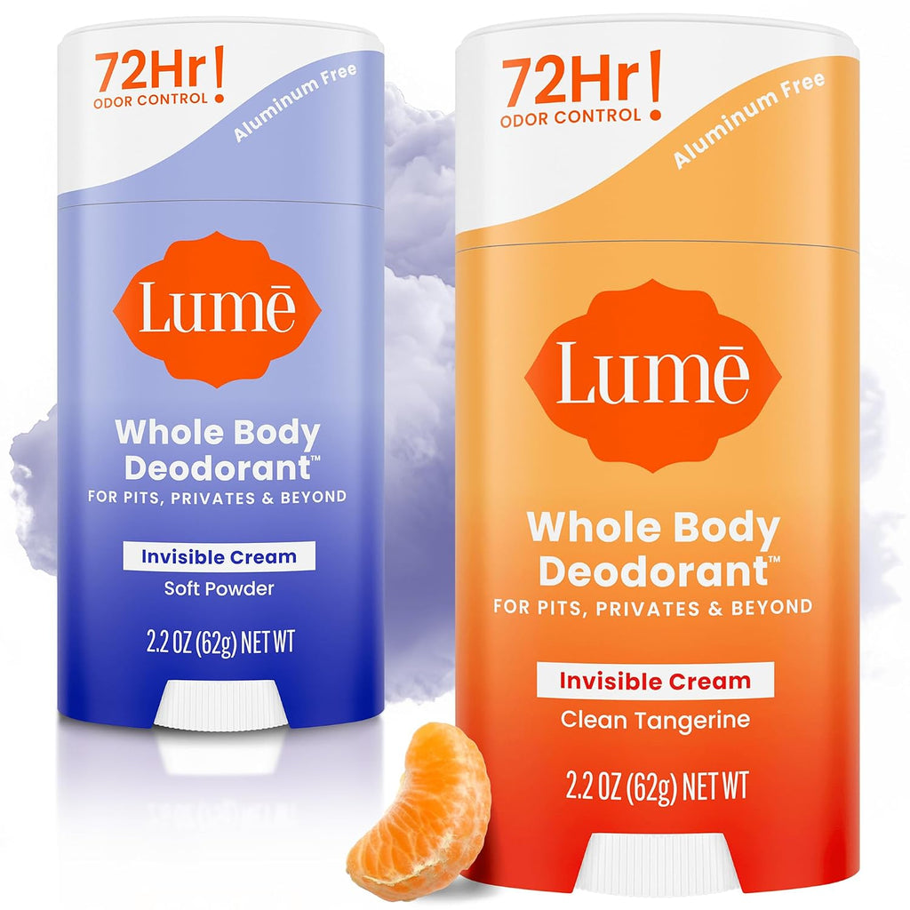Lume Whole Body Deodorant - Invisible Cream Stick - 72 Hour Odor Control - Doctor Developed - Aluminum Free. Baking Soda Free and Skin Loving - 2.2 Ounce (2 pack) (Soft Powder & Clean Tangerine)