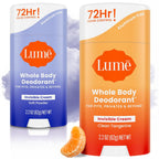Lume Whole Body Deodorant - Invisible Cream Stick - 72 Hour Odor Control - Doctor Developed - Aluminum Free. Baking Soda Free and Skin Loving - 2.2 Ounce (2 pack) (Soft Powder & Clean Tangerine)