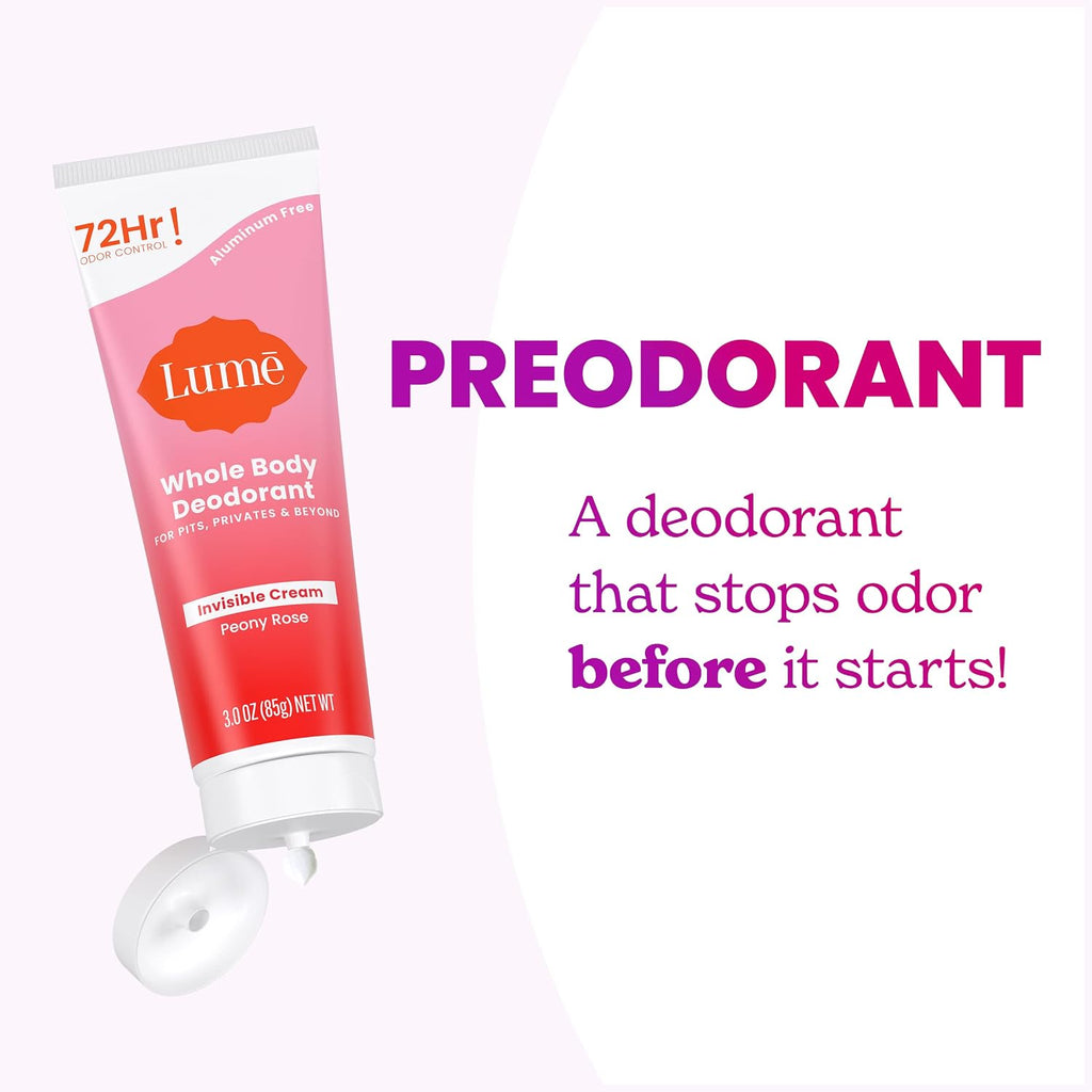 Lume Whole Body Deodorant - Invisible Cream Tube - 72 Hour Odor Control - Aluminum Free. Baking Soda Free. Skin Safe - 3.0 ounce (Peony Rose)