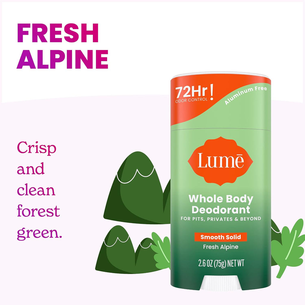 Lume Whole Body Deodorant - Smooth Solid Stick - 72 Hour Odor Control - Doctor Developed - Aluminum Free. Baking Soda Free and Skin Loving - 2.6 Ounce (Pack of 2) (Fresh Alpine)