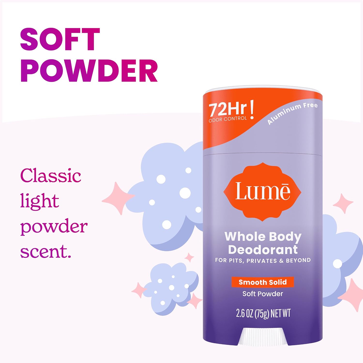 Lume Whole Body Deodorant - Smooth Solid Stick - 72 Hour Odor Control - Aluminum Free. Baking Soda Free and Skin Safe - 2.6 Ounce (Pack of 2) (Soft Powder)