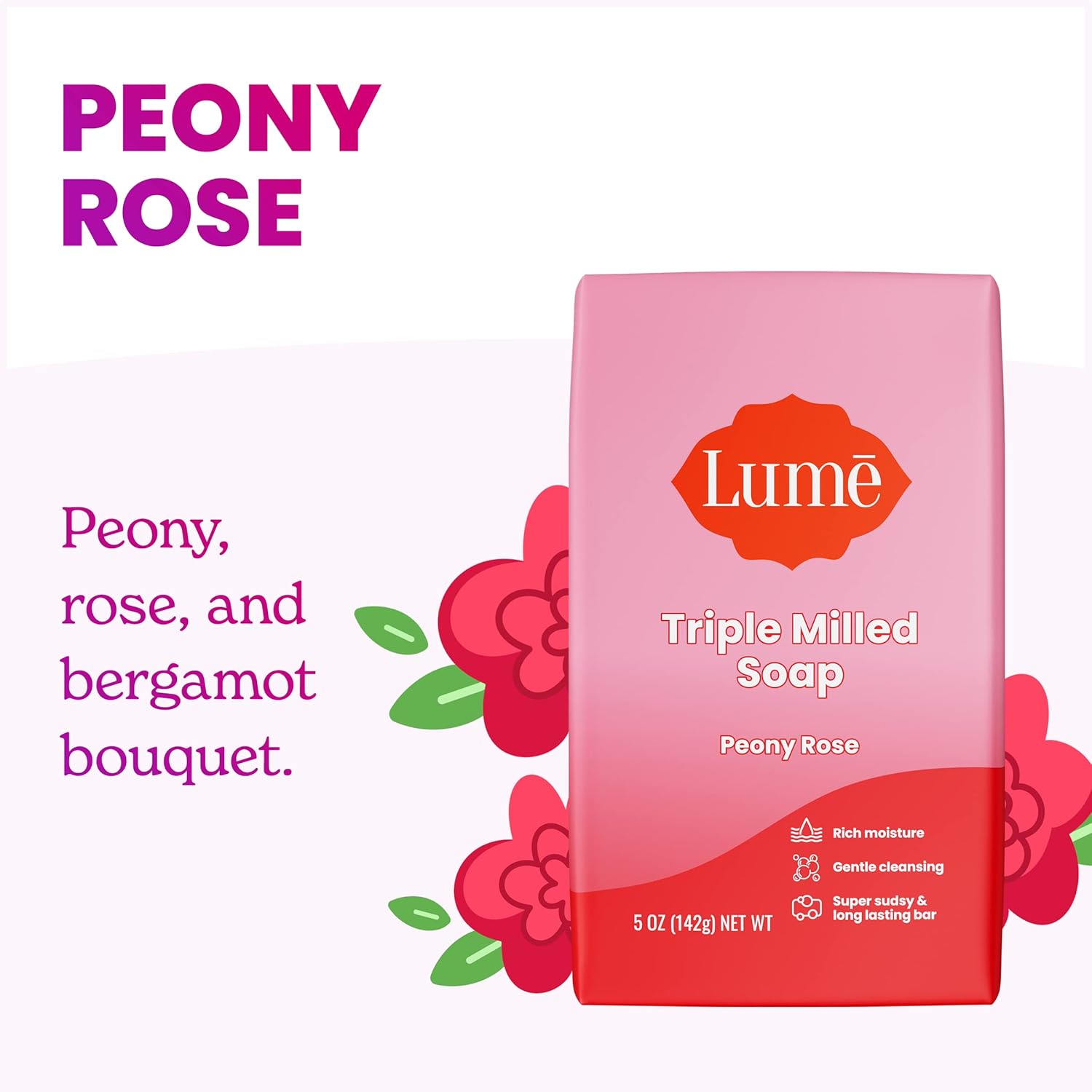 Lume Triple Milled Bar Soap - Rich Moisture & Gentle Cleansing - Paraben Free. Phthalate Free. Skin Safe - 5 ounce (Peony Rose)