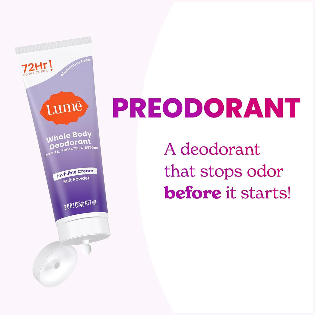 Lume Whole Body Deodorant - Invisible Cream Tube - 72 Hour Odor Control - Aluminum Free. Baking Soda Free. Skin Safe - 3.0 ounce (Pack of 2) (Soft Powder)