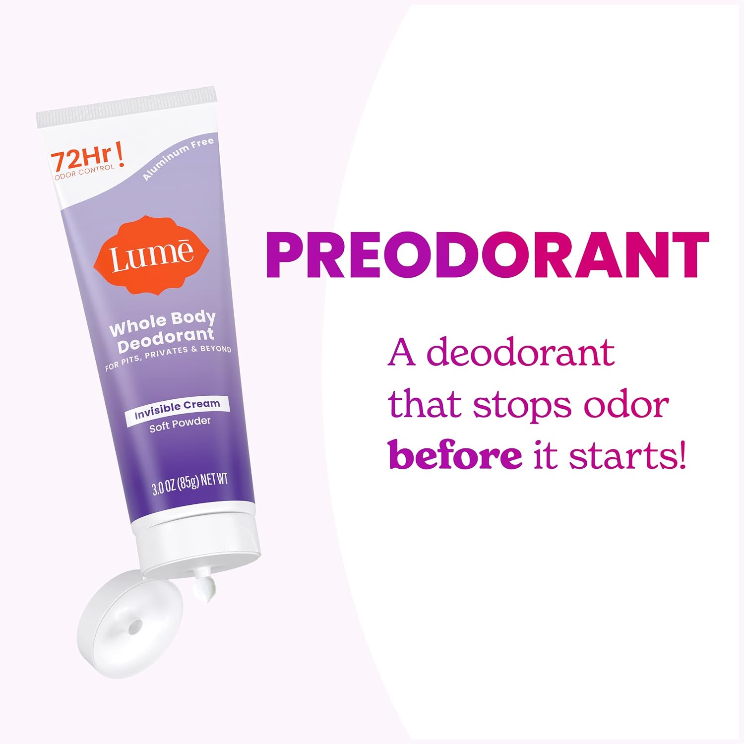 Lume Whole Body Deodorant - Invisible Cream Tube - 72 Hour Odor Control - Aluminum Free. Baking Soda Free. Skin Safe - 3.0 ounce (Pack of 2) (Soft Powder)