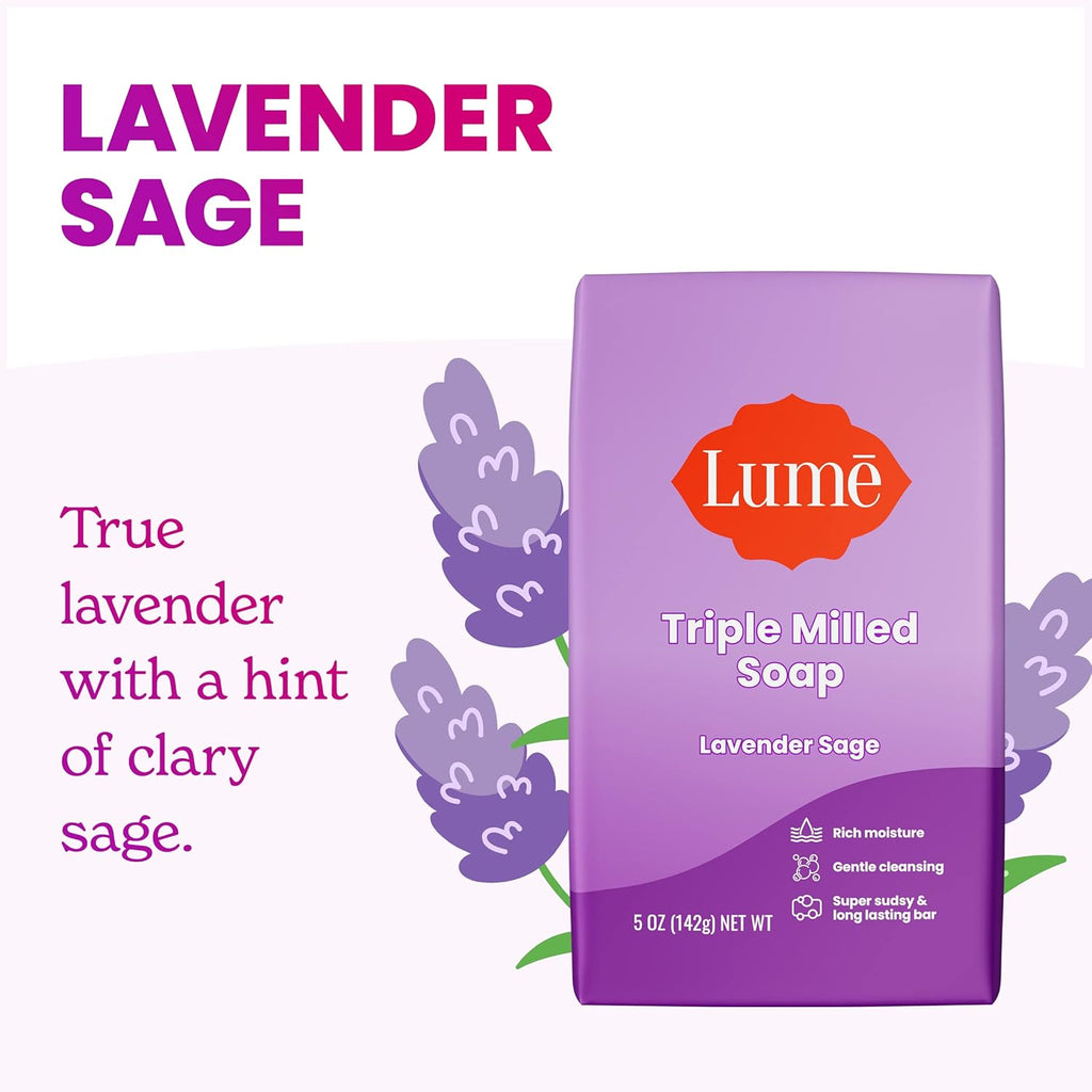 Lume Triple Milled Bar Soap - Rich Moisture & Gentle Cleansing - Paraben Free. Phthalate Free. Skin Safe - 5 ounce (Lavender Sage)