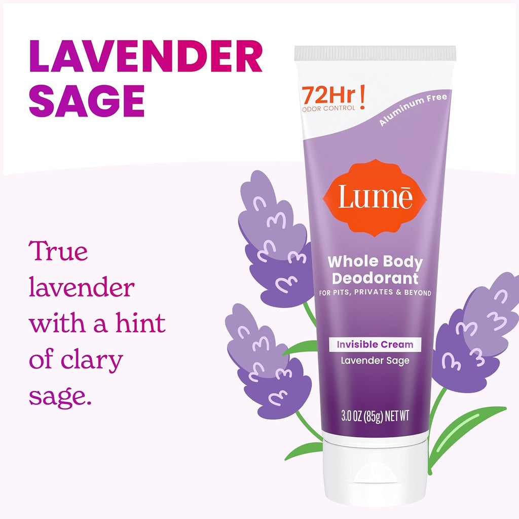 Lume Whole Body Deodorant - Invisible Cream Tube - 72 Hour Odor Control - Aluminum Free. Baking Soda Free. Skin Safe - 3.0 ounce (Lavender Sage)