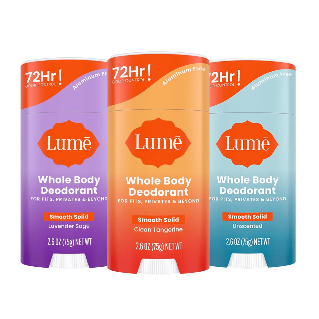 Lume Whole Body Deodorant - Smooth Solid Stick - 72 Hour Odor Control - Aluminum Free. Baking Soda Free and Skin Safe - 2.6 Ounce (Pack of 3) (Clean Tangerine. Lavender Sage. Unscented)