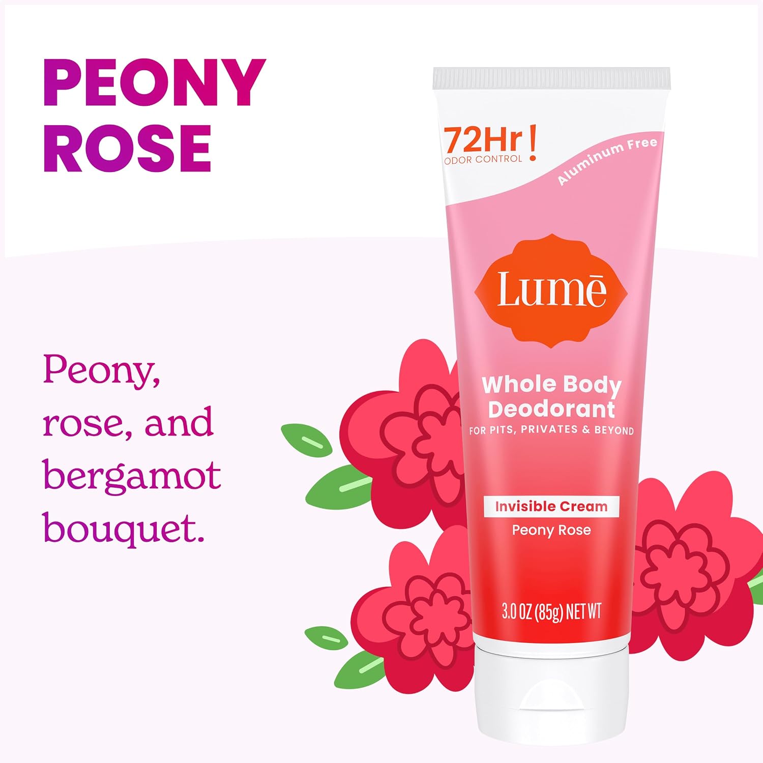 Lume Whole Body Deodorant - Invisible Cream Tube - 72 Hour Odor Control - Aluminum Free. Baking Soda Free. Skin Safe - 3.0 ounce (Pack of 2) (Peony Rose)