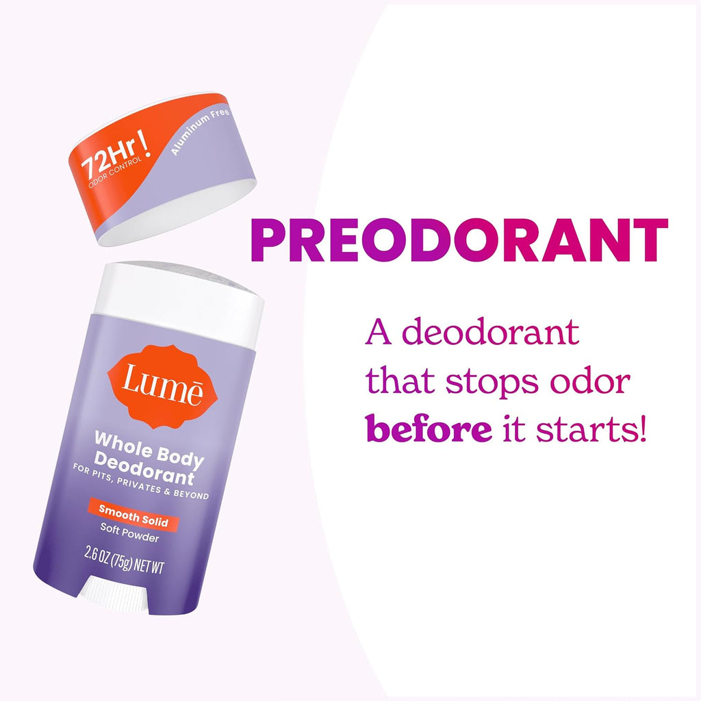Lume Whole Body Deodorant - Smooth Solid Stick - 72 Hour Odor Control - Aluminum Free. Baking Soda Free and Skin Safe - 2.6 Ounce (Pack of 2) (Soft Powder)