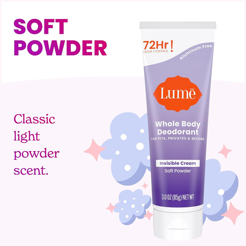 Lume Whole Body Deodorant - Invisible Cream Tube - 72 Hour Odor Control - Aluminum Free. Baking Soda Free. Skin Safe - 3.0 ounce (Pack of 2) (Soft Powder)
