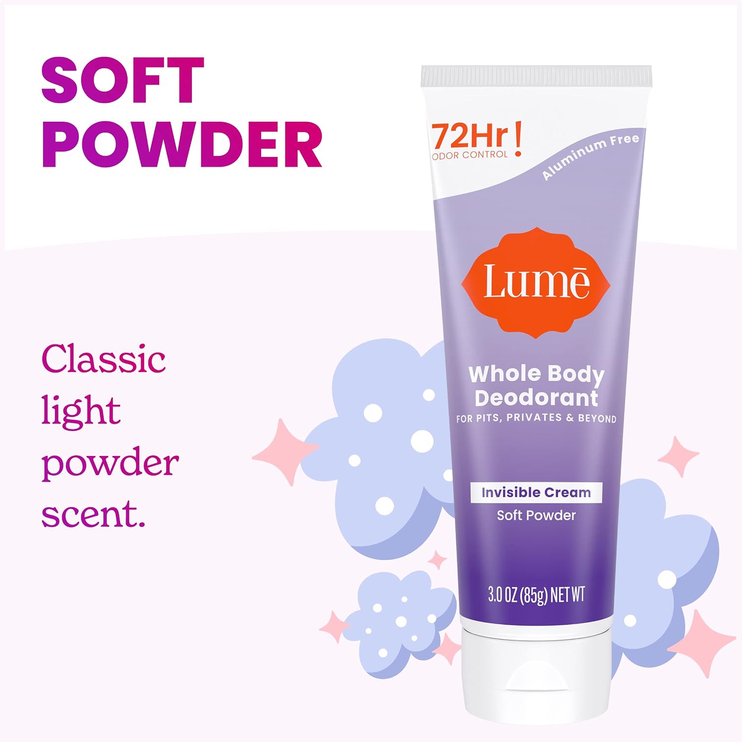 Lume Whole Body Deodorant - Invisible Cream Tube - 72 Hour Odor Control - Aluminum Free. Baking Soda Free. Skin Safe - 3.0 ounce (Pack of 2) (Soft Powder)