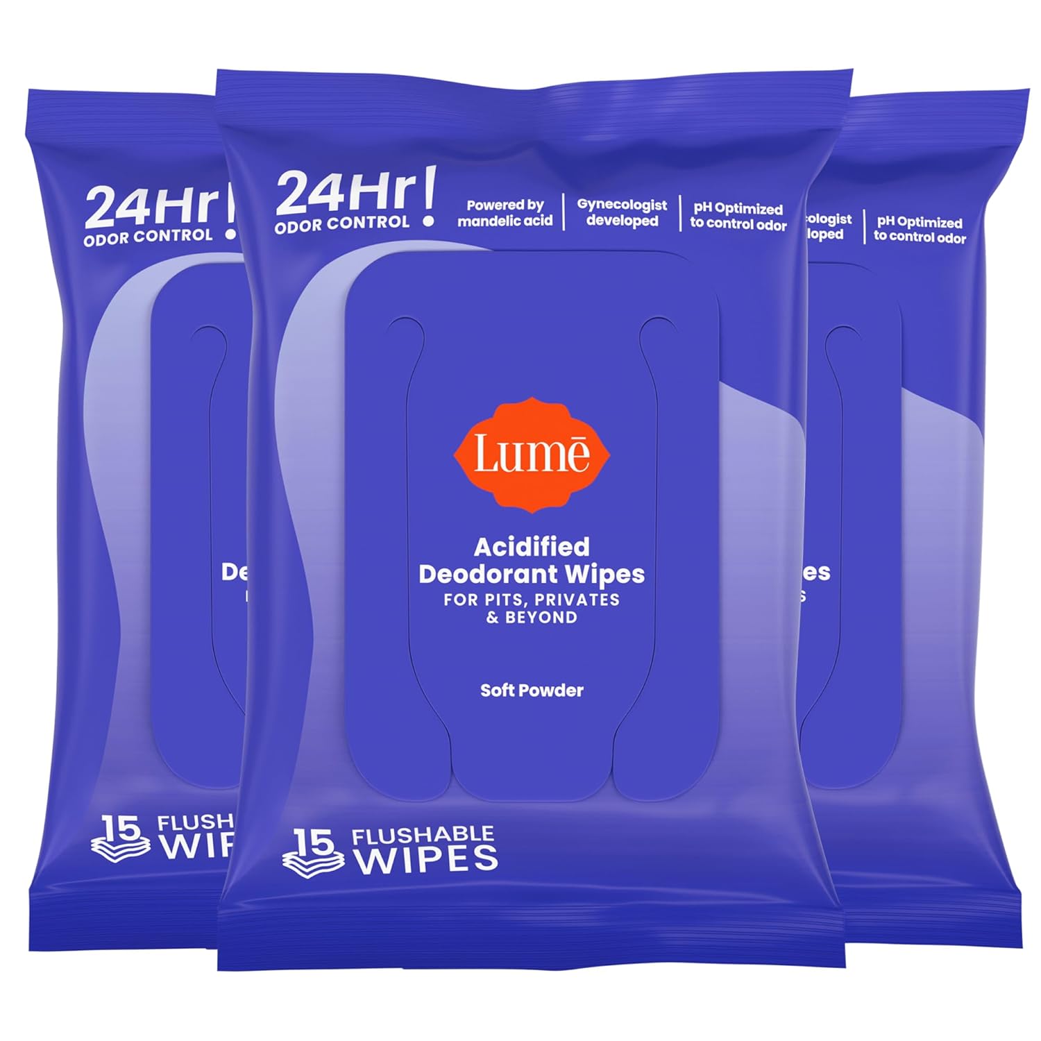 Lume Acidified Deodorant Wipes - 24 Hour Odor Control - Whole Body Deodorant Wipes - Aluminum Free. Baking Soda Free. Skin Loving - Flushable - 15 Count - 3 Pack (Soft Powder)