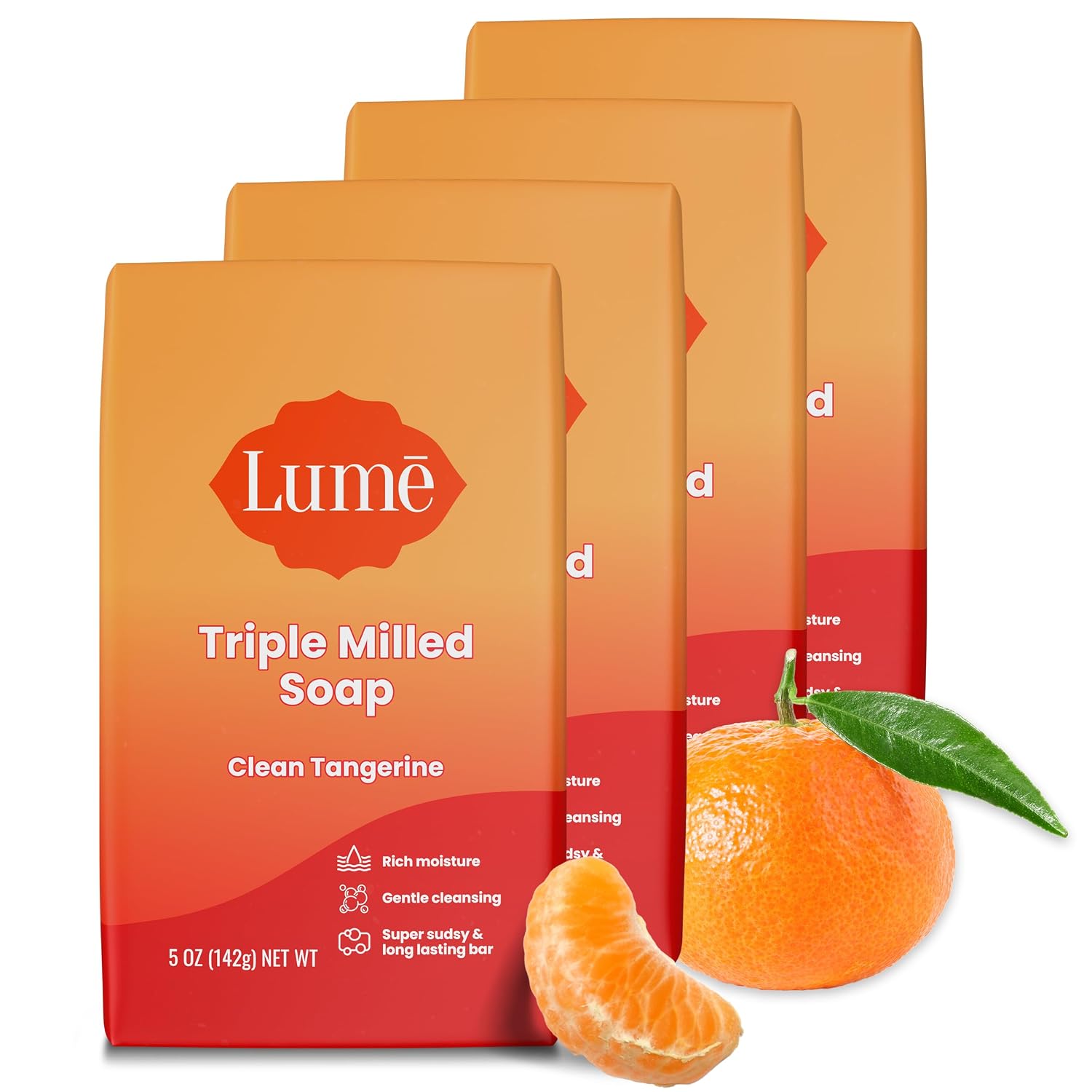 Lume Triple Milled Bar Soap - Rich Moisture & Gentle Cleansing - Paraben Free. Phthalate Free. Skin Safe - 5 ounce (Pack of 4) (Clean Tangerine)