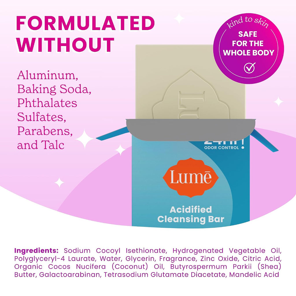 Lume Acidified Body Cleansing Bar - 24 Hour Odor Control - Removes Odor Better than Soap