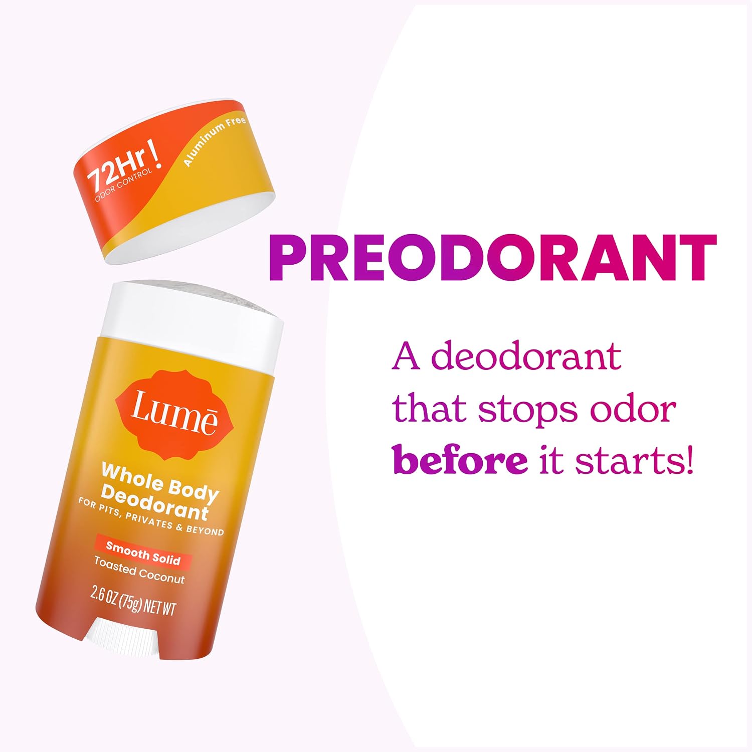 Lume Whole Body Deodorant - Smooth Solid Stick - 72 Hour Odor Control - Aluminum Free. Baking Soda Free and Skin Safe - 2.6 Ounce (Pack of 2) (Toasted Coconut)