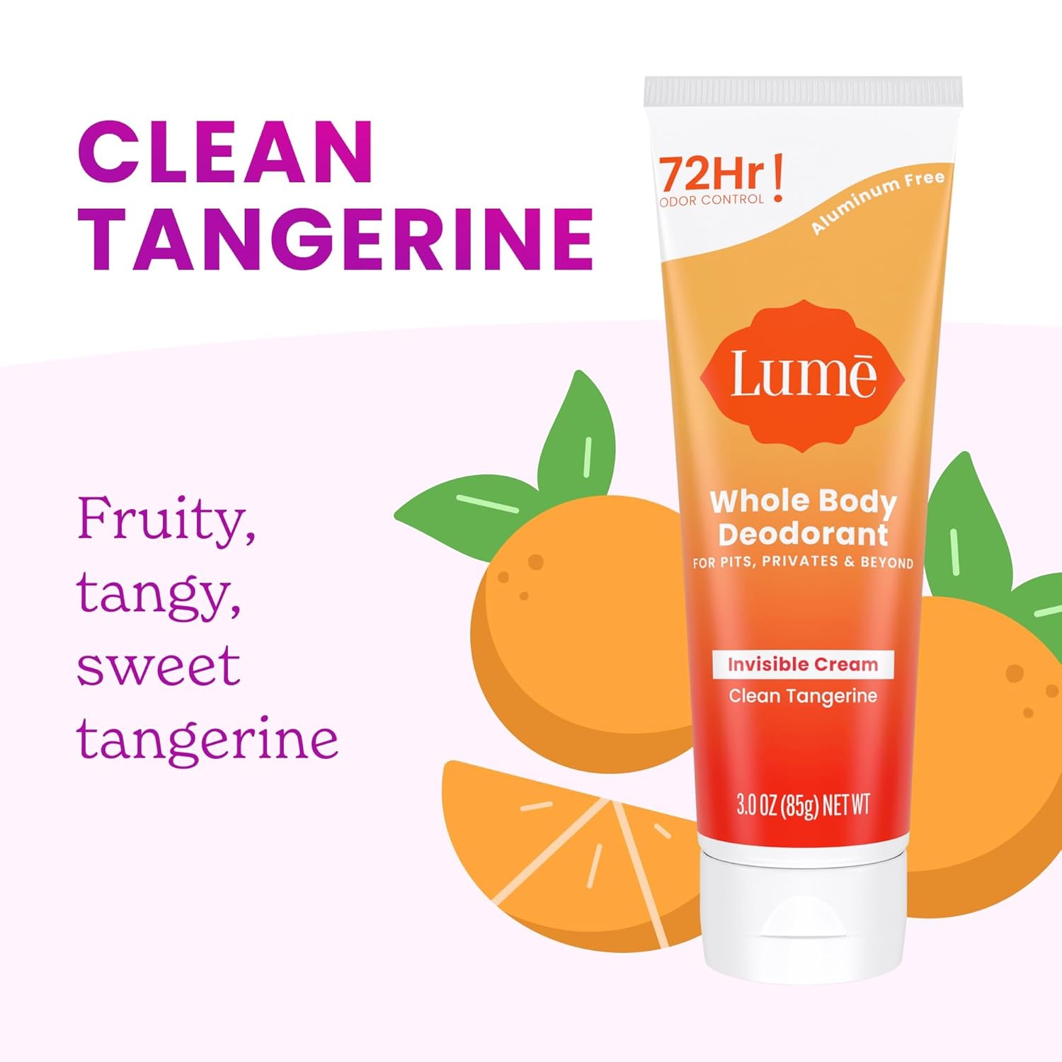 Lume Whole Body Deodorant - Invisible Cream Tube - 72 Hour Odor Control - Aluminum Free. Baking Soda Free. Skin Safe - 3.0 ounce (Pack of 2) (Clean Tangerine)