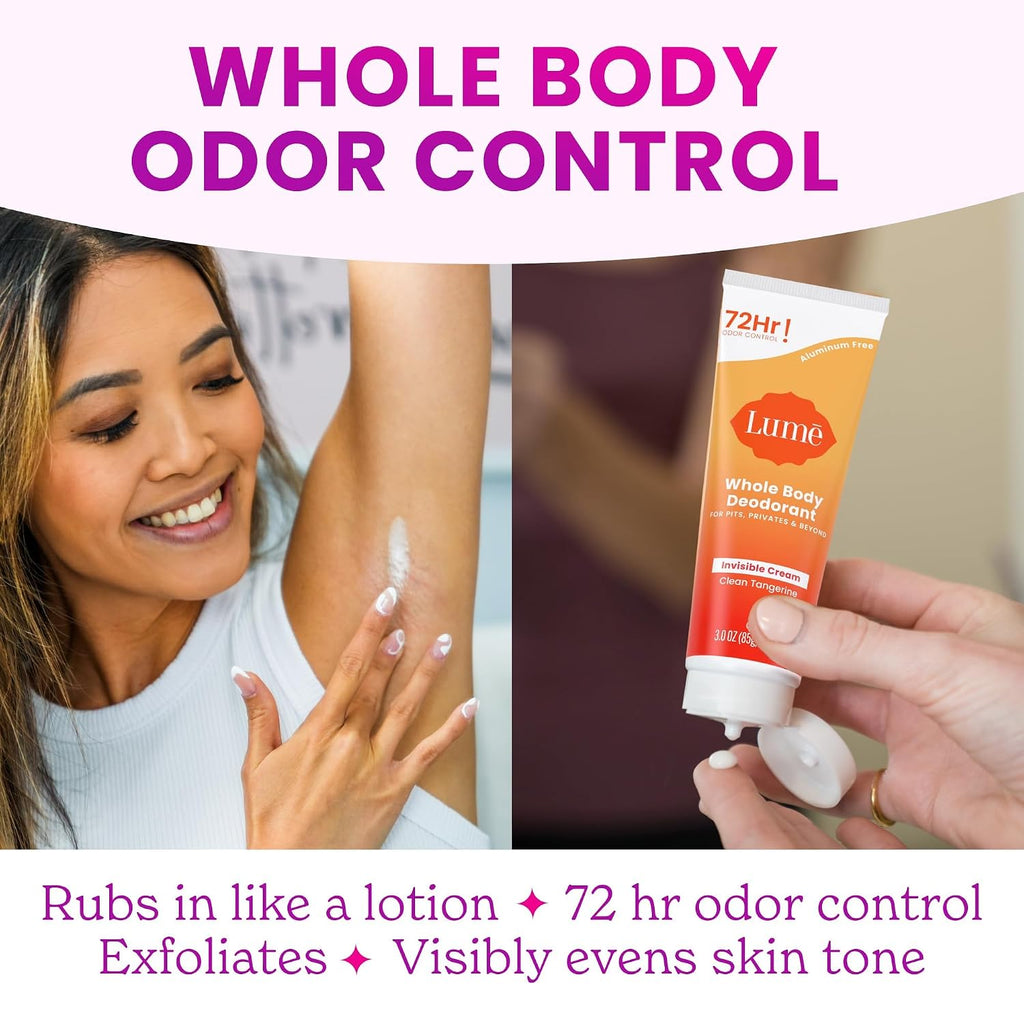 Lume Whole Body Deodorant - Invisible Cream Tube - 72 Hour Odor Control - Aluminum Free. Baking Soda Free. Skin Safe - 3.0 ounce (Pack of 2) (Clean Tangerine)