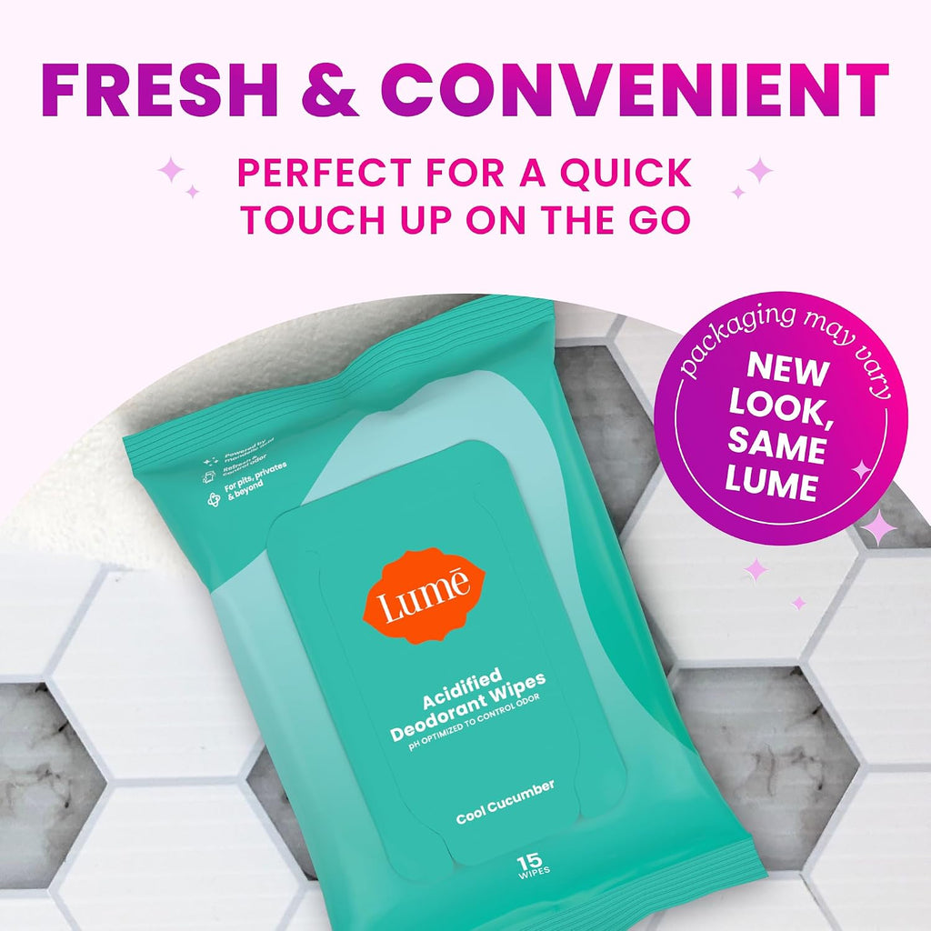 Lume Acidified Deodorant Wipes - 24 Hour Odor Control - Aluminum Free. Baking Soda Free. Skin Loving - 15 Count (Pack of 3) (Cool Cucumber)