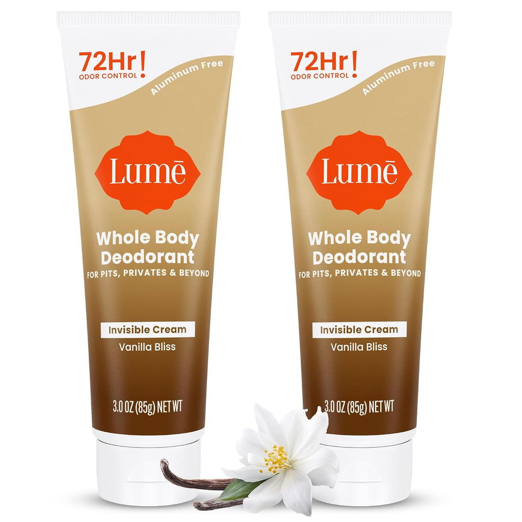 Lume Whole Body Deodorant - Invisible Cream Tube - 72 Hour Odor Control - Doctor Developed - Aluminum Free. Baking Soda Free and Skin Loving - 3.0 Ounce (Pack of 2) (Vanilla Bliss)