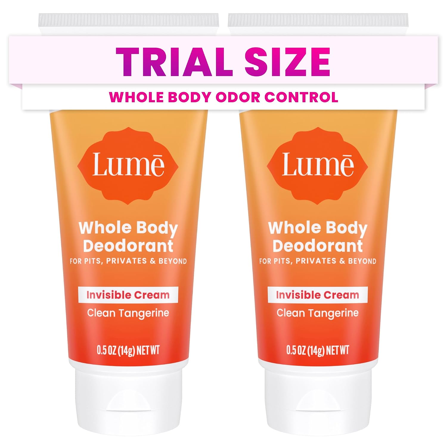 Lume Whole Body Deodorant - Mini Travel Size Invisible Cream Tube - Trial Size - 72 Hour Odor Control - Doctor Developed - Aluminum Free. Baking Soda Free - .5oz (Pack of 2) (Clean Tangerine)